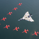The final Vulcan flies in formation with the RAF Red Arrows demonstration squadron in a ceremony marking the Vulcan’s retirement in 2005 (UK Ministry of Defence)